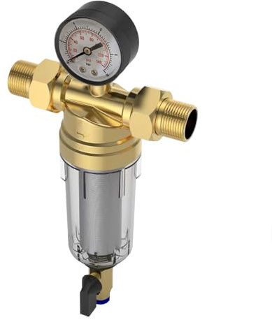 AYYDS Wasserfilter, 1 Zoll Wiederverwendbare Spin-Down-Sedimentwasserfilter, 40 μm Wasserfilter mit Manometer für Brunnenwasserschlauch (3/4)