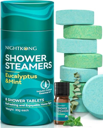 Aromaterapi duschbomber, 8 paket eukalyptus och mintduschpumpar med en ytterligare 5 ml flaska eukalyptus eterisk olja, julklappar för vuxna, gåvor