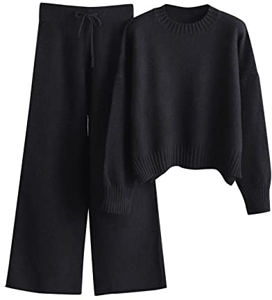 HEONSATI Tuta in Maglia da Donna Eleganti Completi 2 Pezzi Lavorati Comodo Completo Pullover Top Maniche Lunghe Pantaloni a Gamba Larga in Vita Tute Sportive Invernale Set Di Maglia Leggera