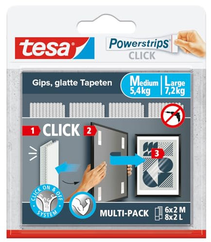 tesa Powerstrips CLICK - Klett-Klebepads zum An- und Abklicken von Bilderrahmen und Wanddekorationen ohne Bohren - selbstklebende Klettband-Strips mit ON und OFF Click-System - 6 x 2 M, 8 x 2 L