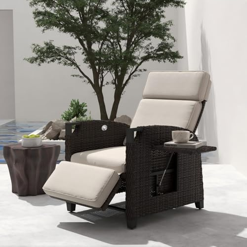UDPATIO Liegesessel mit Sitzkissen Gartensessel Wetterfest 150° Verstellbare, Rückenlehne Rattan Sonnenliege mit Beistelltisch für Innen, Außeneinsatz- Beige Sitzkissen & Dunkelbraun Rattan