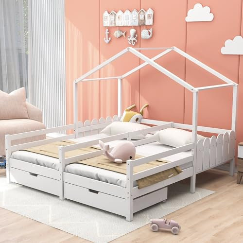 TIZZ Hausbett, Kinderbett,Doppelbett, Gitterbett mit 2 MDF-Schubladen, Schubladen auf Rollen, Lattenrost aus Kiefer, weiß (90x200cm)