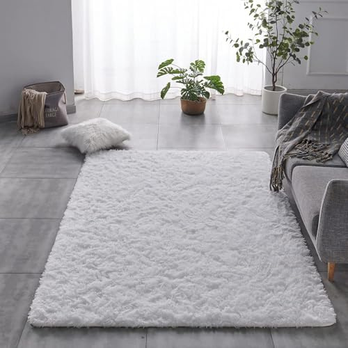 HOKXUAN Hochflor Teppich Wohnzimmer 160 x 100 cm Anti-Rutsch Unterseite, Soft Weicher Und Flauschiger Teppich Modernes Einfarbiges Design für Küche, Schlafzimmer, Weiß