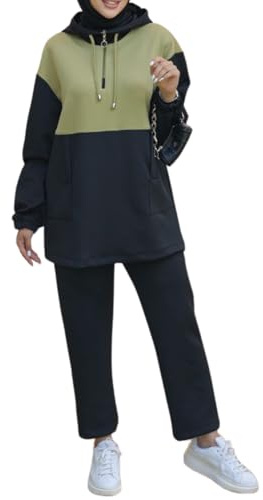 Ensemble de vêtements de sport Hijab turc modeste pour femmes musulmanes Survêtement 2 pièces pour confort décontracté (FR/ES, Alpha/lettres, S, M, Taille normale, Taille normale, Noir)