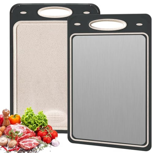 Funnity Küche Doppelseitiges Schneidebrett, Antibakterielles 2 in 1 Schneidebrett, 304 Edelstahl und Weizenstroh PP, Spülmaschinenfest