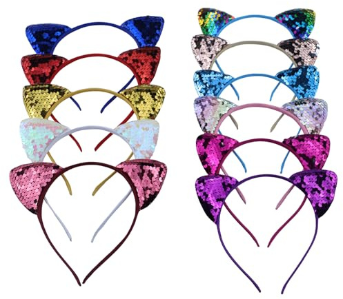 JRSHIRLEYLTD 11 stycken glitter katt hårband, kattöron hårband set, metall kattöron pannband paljetter, kattöron pannband flicka hårsmycke för födelsedagsfest cosplay
