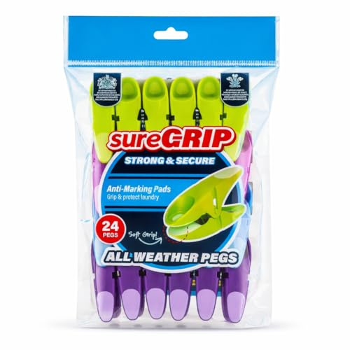 SureGrip 24 Pack All Weather Clothes Pegs Strong Secure Laundry Pegs with Anti Marking Soft Grip Pads Heavy Duty Washing Line Pegs for Outdoor Indoor Use Wind Resistant Durable Clothes Pins