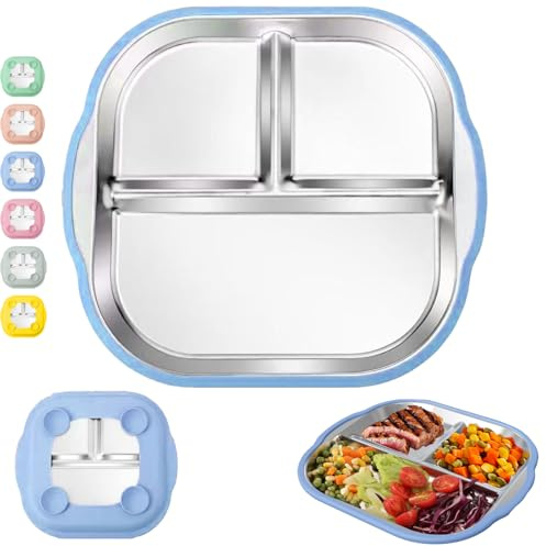 CWENDANER Tellern edelstahl teller kinder,geteilter Teller für Kinder, edelstahlteller baby saugnapf,für die autonome Ernährung,rutschfestes Mahlzeiten-Set für Babys (Himmelblau)