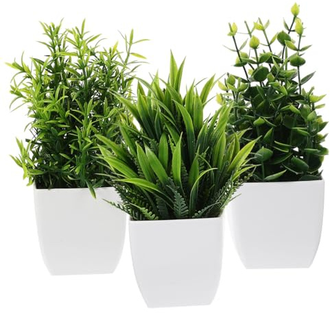 HEALEEP Mini Plantas en Maceta Artificiales 3 Piezas, PP, Verde | Decoración para Hogar y Escritorio, Estilo Mixto, Bonsái Falso, Formato Compacto Estilo Aleatorio