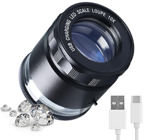 Loupe de bijoutier Rechargeable x10 avec lumière LED et échelle de réticule Amovible, loupe Lumineuse pour Bijoux, Mise au Point réglable, pour Pierres précieuses, pièces de Monnaie, Timbres, Travail