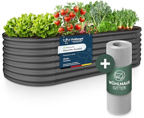 GRUNA - Letto rialzato in metallo 200x60x42 cm I Kit letto rialzato modulare 6 in 1 I 100% antiruggine I Stabile dimensionalmente grazie ai rinforzi (Antracite, 200x60x42)