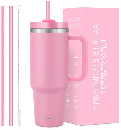 Gobelet de 1200 ml avec poignée et paille, couvercle 2 en 1, bouteille d'eau isotherme à double paroi en acier inoxydable – Tasse de voyage – Cadeau de vacances pour homme et femme – Rose pivoine
