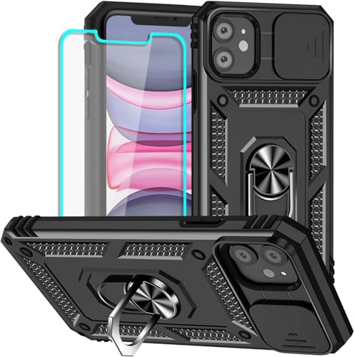 Yiakeng for iPhone 11 Case with Screen Protector: [Military Grade 20ft. Drop Tested] Slide Camera Cover Ring Shockproof Protective Phone Case for - iPhone 11 (Black)