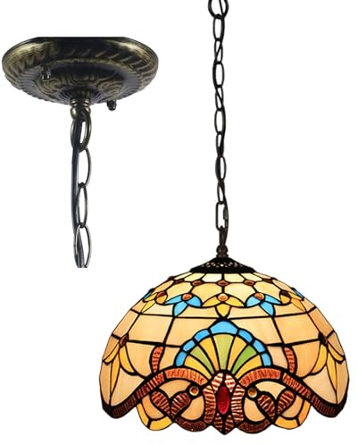 Lampadario a Sospensione Tiffany in Stile Barocco Beige, con paralumi in Vetro colorato, Lampada a Sospensione Vintage Color Crema e Ambra, Decorazione per la casa, Larghezza 12 e Altezza 3