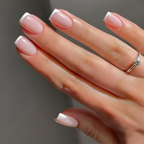 24pcs Nude Press on Nails - French Tip False Nails - Medium Square Stick on nails - Strong Fake Nails with Glue - 12 Sizes French Manicure False nails Natural - Full Cover Acrylic Nail Tips for Women