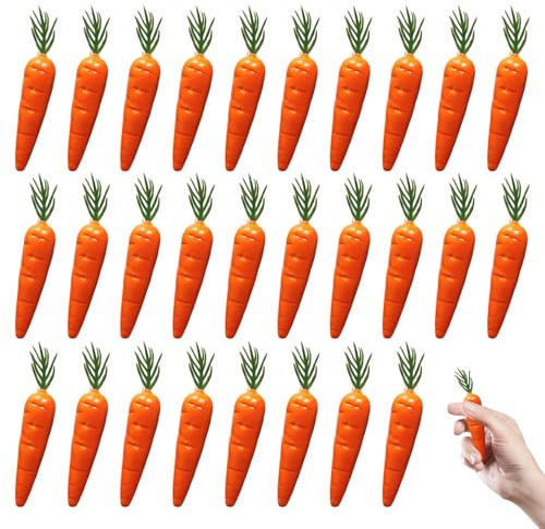 Deko Karotten Set 28 Stück künstliches Gemüse 7 cm Orange Schaumstoff Möhren mit grünen Blättern für Küche Fotografie Tischdeko Wanddeko Frühling