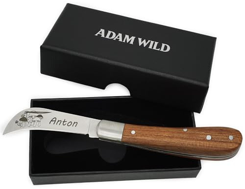 ADAM WILD Pilzmesser mit Gravur | personalisiertes Geschenk für Pilzsammler | Schonende Pilzernte | klappbares Taschenmesser, gebogene Edelstahlklinge & Holzgriff | Outdoor & Naturfreunde | Lasergravur