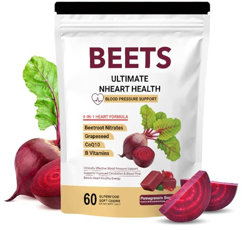 Beets Ultimate Suplemento para la Salud del Corazón, 60 Gomitas Suaves con Remolacha, CoQ10, Vitaminas B y Semilla de Uva, Sabor Granada, para Apoyo de la Presión Arterial