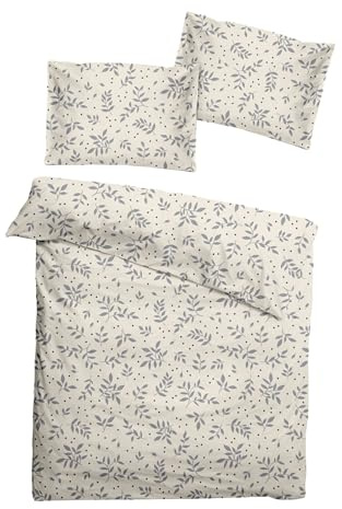 JACK Fein Biber Bettwäsche Baby 2 TLG. 100x135cm Floral Neutrale Natur Weiß Grau mit Reißverschluss