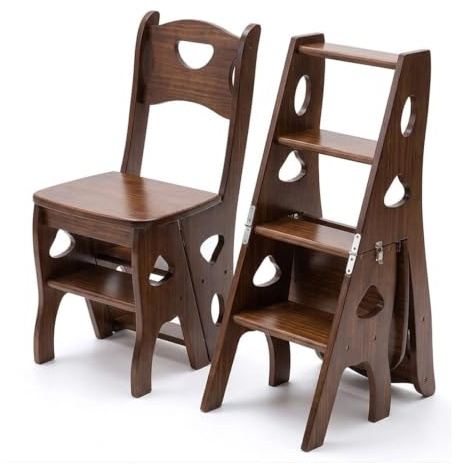 RASJCGRCOA Sedia Scaletta in Legno Massello 2 in 1, Sgabello Trasformabile in Scaletta, Mobile Multifunzione Pieghevole per Cucina e Camera da Letto, Scaletta Libreria in Legno(Walnut)