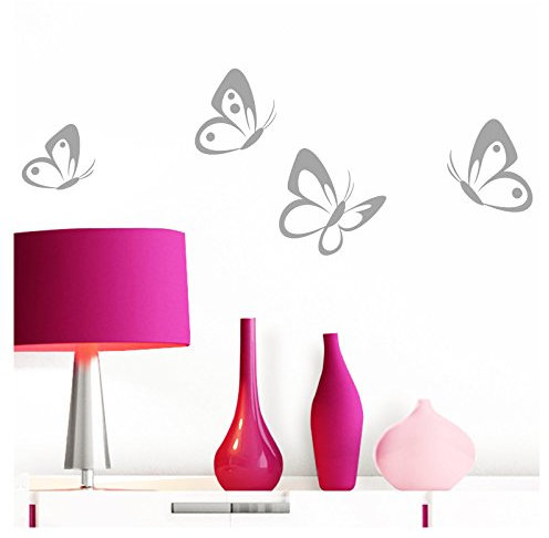 Grandora Wandtattoo 4er Set Schmetterlinge I Silbergrau 8-10 cm I Baby Kinderzimmer selbstklebend Wand Aufkleber Wandaufkleber Wandsticker Sticker W697