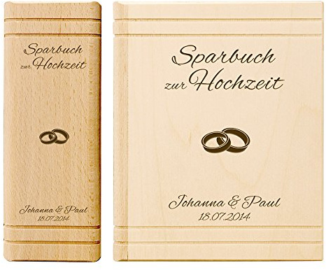 Casa Vivente Spardose aus Holz in Buchform mit Gravur – Sparbuch zur Hochzeit – Eheringe – Personalisiert mit Namen und Datum – Hochzeitsgeschenk