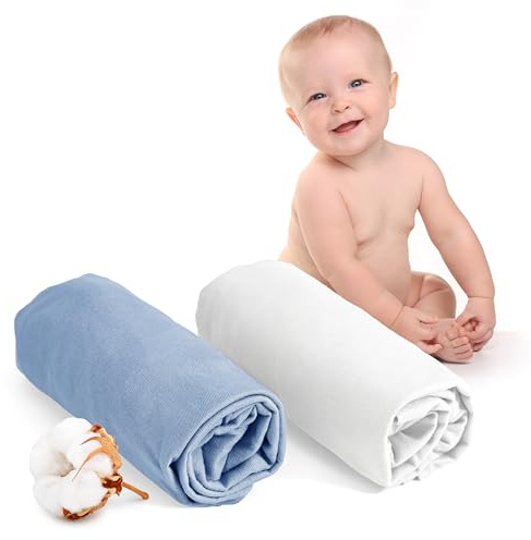 Dreamzie - Spannbettlaken - 2er Set - 70x140cm - 100% Baumwolle Jersey | Weiß/Blau · Leintuch mit Rundumgummi · Spannbetttuch bis 12cm Steghöhe · Oeko-Tex zertifiziert · Babybett / Kinderbett