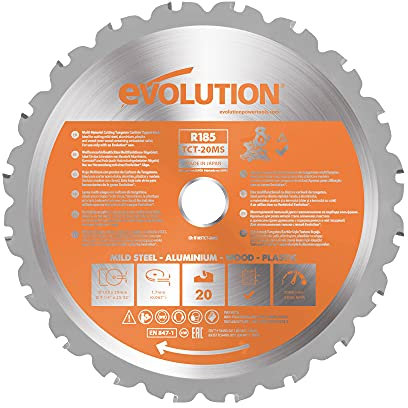 Evolution Power Tools R185TCT-20MS 185 mm Multi Material Mitre Saw Blade - Carbide Tipped Blade Cuts Wood, Metal and Plastic