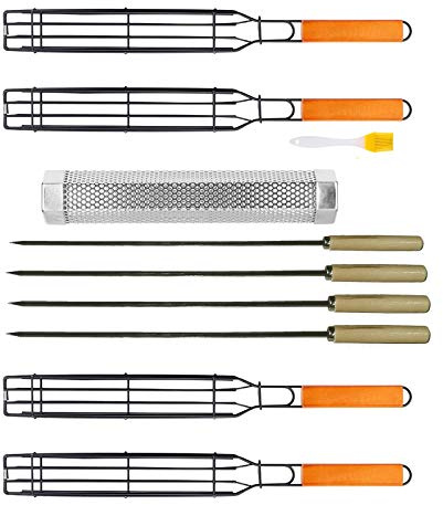 Kabob Grilling Baskets, BBQ Grill Accessories Set of 4 with 12 Stainless Steel Hot/Cold Smoker Tube, BBQ Smoker Rotisserie Basket for Grilling Vegetables