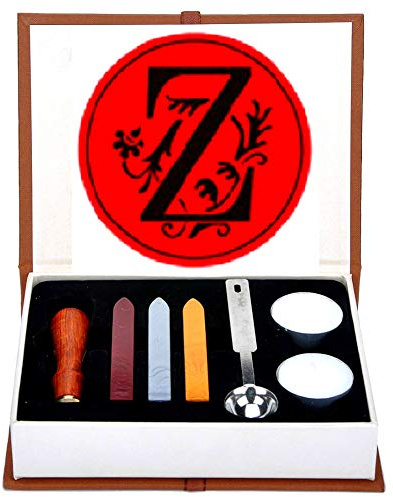 Buchstaben-Wachs-Siegel-Stempel-Set, ANBOSE Alphabet Wachs-Siegel-Stempel-Kit einschließlich 1Pcs Holzgriff Kupfer-Siegel, 3Pcs Wachs-Siegel-Sticks, 1Pcs Schmelzlöffel und 2Pcs weiße Kerzen（Z)