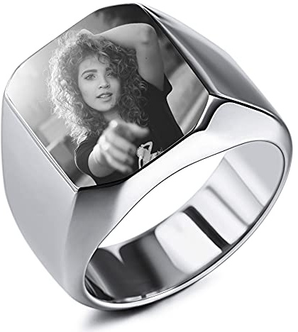 MeMeDIY Personalisiertes Siegelring Angepasst Gravur Farbbild Schwarz Weiß Foto für Männer Frauen Junge Mädchen Bester Freund Edelstahlband Jubiläumsgeschenk mit Ringgrößeneinstellern