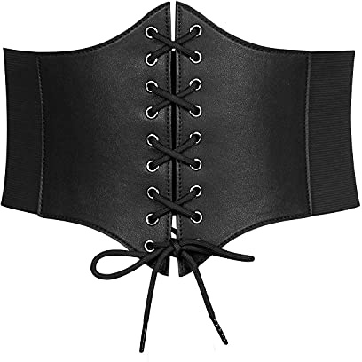 LEACOOLKEY Women Waspie Corset Belt for Dress, Retro Wide Elastic Tie Waspie Belt Hallowen, Ladies Black Tied Waspie Belt