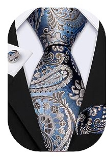 Barry.Wang Men's Tie Set Paisley Silk Pocket Square Cufflinks Necktie Woven Wedding Blue Gray
