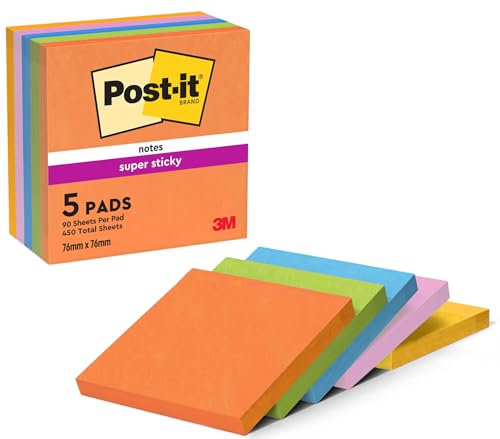 Post-it Superklisterlappar, skol- och kontorsmaterial, extra klisterlappar för brädor, bildskärmar och väggar, 5 dynor i livliga färger, 450 totala ark, 76 mm x 76 mm