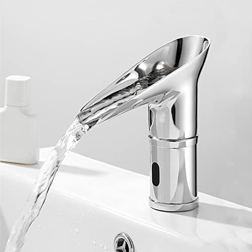 Infrarot Wasserhahn Bad Wasserfall Waschtischarmatur Sensor Waschtischarmatur Wasserfall,Chrom,Warmes und Kaltes Wasser