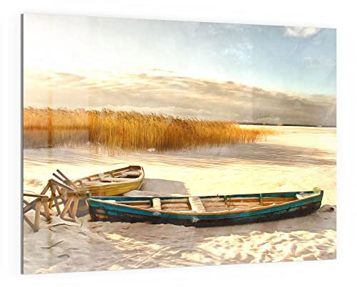 DEQORI Glas-Magnettafel | 120x90 cm groß | Motiv Holzboote im Dünensand | Memo-Board aus Glas | Magnetboard inkl. Magnete, Stift & Tuch für Küche & Büro | Tafel magnetisch & beschreibbar