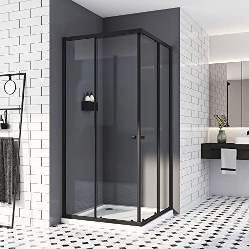 Duschkabine 75x90 cm,Schwarz Doppel Schiebetür Eckeinstieg Duschwand Duschabtrennung 6mm ESG Sicherheisklarglas Schnelle Installation Höhe 185cm