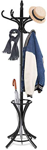 Multigot Coat Rack, Wooden Hat Clothes Hall Tree Hanger with Umbrella Holder and 12 Hooks, Freestanding Scarf Display Organizer Stand for Home Dormitory Office (Black)