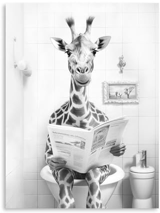 Yidepot Funny Toilet Giraffe Bathroom Decor: Kids Bathroom Pictures Black And Black And White Canvas Wall Art Framed 12x16