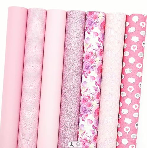 CraftsFabrics Juego de 7 hojas de tela de piel sintética A4 (21 cm x 30 cm), serie rosa, mezcla de purpurina brillante, lichi, impresas, ideal para manualidades, lazos, aretes, zapatos, bolsos,