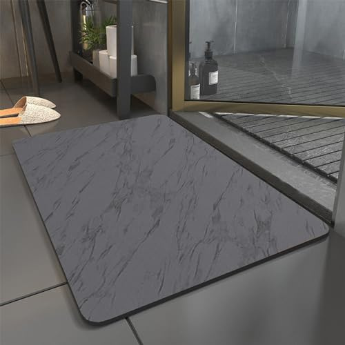 TOKLYUIE Super Absorbent Bath Mat Non Slip Anti Mould Marble Pattern Gray Bathroom Rug Mat Quick Drying Diatomaceous Earth Floor Mat for Bathroom(Black Gray, 45 * 70cm)
