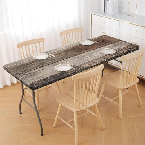 Morbuy Mantel Rectangular, Mantel con Banda Elástica,Ideal para Exterior, Jardín, Camping y Ajuste Elastico Manteles Antimanchas, Polvo, Decoración para Mesa (Tablero de Madera marrón,6ft/183x76cm)