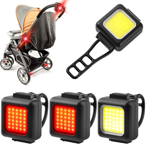Lot de 4 lumières pour poussette - Étanche IPX5 - Avec 3 modes d'éclairage - Rechargeable par USB - Pour déambulateur - Rouge et blanc - Compatible avec toutes les poussettes