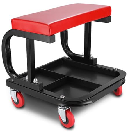 Werkstatthocker mit Rollen, Rollhocker Montagehocker für Werkzeuge, Gepolsterter Werkstatt Hocker und Werkzeugablage, Robuster Rahmen aus Stahlrohr, Rot