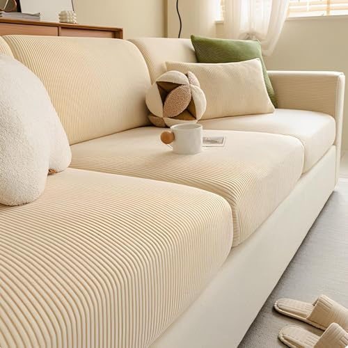 IRCKONCI Rutschfester Sofa-Sitzkissenbezug – hochelastischer Sitzbezug, weicher Sofabezug, Cord-Sitzkissen, Rückenlehnen-Schutzbezug, einfarbig(Beige,65-85 x 85-135cm)