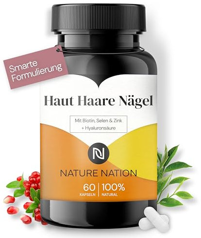 Haut Haare Nägel - Kapseln mit Biotin, Vitamin C, Zink, Hyaluronsäure & Reishi - Hochdosiert & vegan - Ohne Zusatzstoffe (1 x 60 Kapseln: Vorrat für 1 Monat, Geschmacklos)