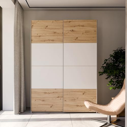 FORTE Schach & MATT 2 Kleiderschrank 150, 2-türiger Schwebetürenschrank, Holzwerkstoff, Artisan Eiche/Weiß, 150,1 cm breit, 210,5 cm hoch, 61,2 cm tief
