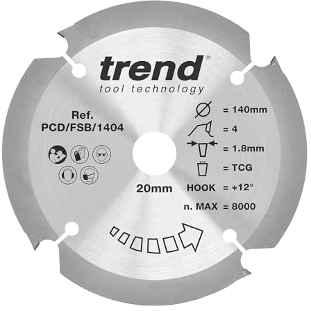 Trend Kreissägeblatt aus PKD-Faserzement, 140 mm Durchmesser, 20 mm Bohrung, 4 Zähne, 1,8 mm Schnittfuge, +12° Haken, PKD, grobe Oberfläche, PCD/FSB/1404