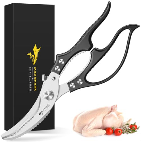 MAD SHARK Ciseaux à Volaille Robustes - Ciseaux de Cuisine | Verrou de Sécurité, Poignée Anti-Dérapante et Mécanisme à Ressort | Pour Os de Poulet, Viande, Poisson, Légumes (Noir)