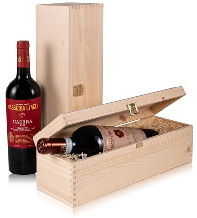 Hochwertige Wein Holzkiste inkl. Holzwolle - für 1 Flasche - Geschenk Schatulle für einzelne Weinflaschen, 36x10,5x10,5 cm, mit Scharnier und Verschluss